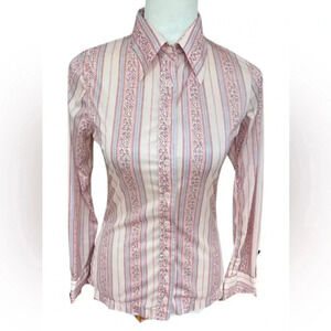 Vintage chuk a poo pink cream floral stripe stretchy collared button up shirt